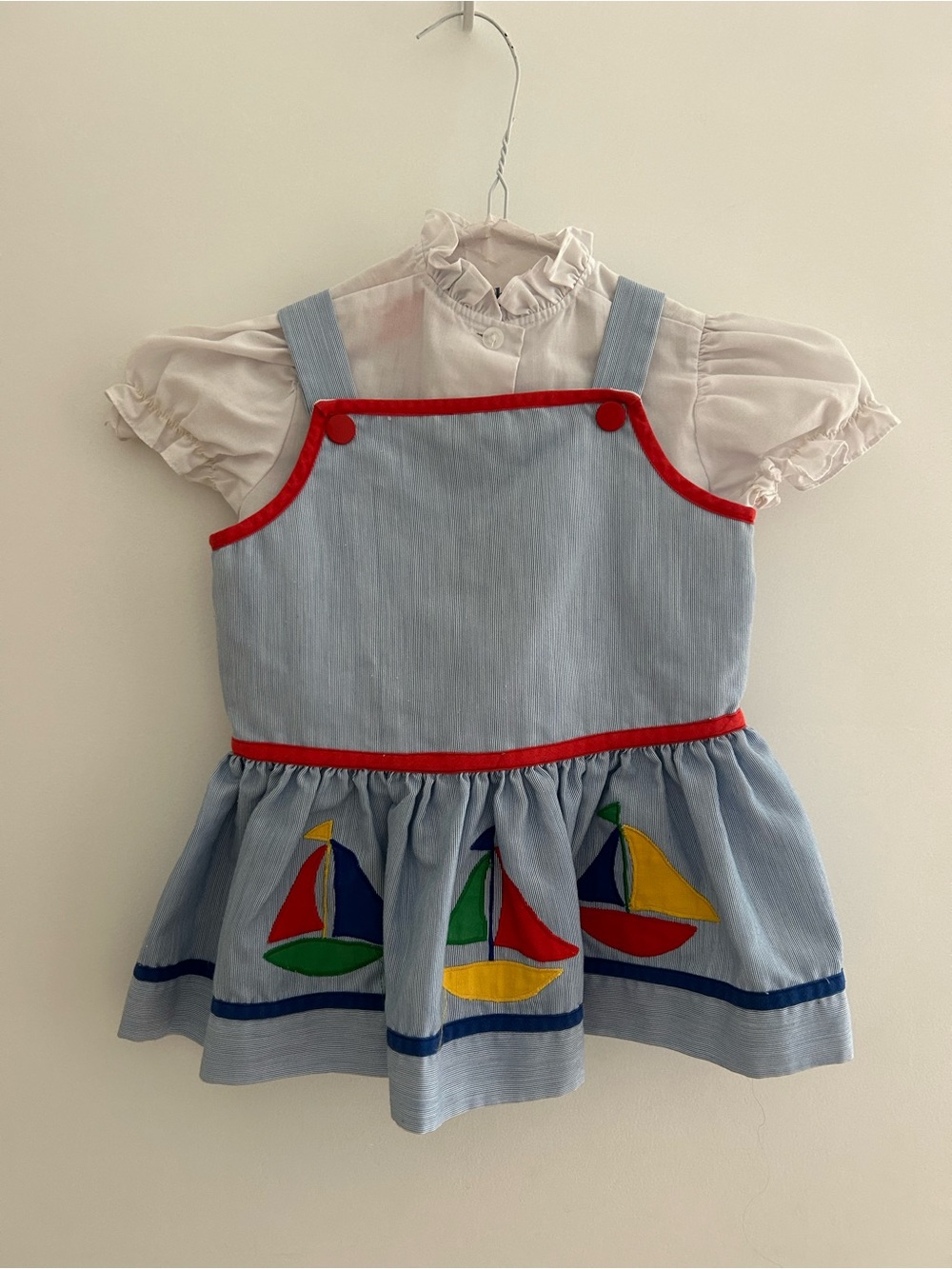 Vintage Youngland Light Blue Striped Dress with Red Trim
